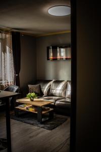 a living room with a leather couch and a coffee table at Pasaku apartaments in Cēsis