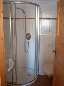 a bathroom with a shower and a toilet at Wieshof Schnals Bauernhofurlaub in Maso Corto