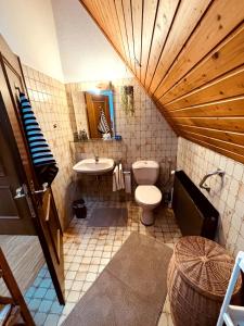 Un baño pequeño con inodoro y lavabo. en Ferienwohnung zum Woibauer, en Deidesheim