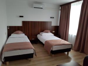 1 dormitorio con 2 camas y ventana en Pod Kominem Pokoje i Apartamenty, en Brzezie