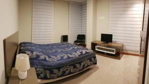 een slaapkamer met een bed, een bureau en een televisie bij 2D con patio y parrillero privado en Calacoto in La Paz