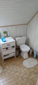 a bathroom with a toilet and a white cabinet at chambre d'hôte la maison verte in Séglien