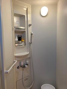 a small bathroom with a shower and a toilet at 二段ベッドの宿青と白 in Aki