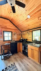 a kitchen with a stove and a ceiling fan at Adventurer's Nook in High Falls