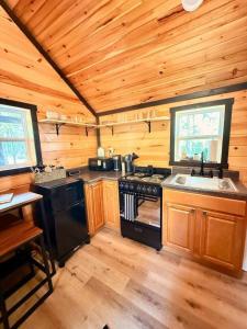 a kitchen with a stove and a sink in a cabin at Adventurer's Nook in High Falls +7 photos
