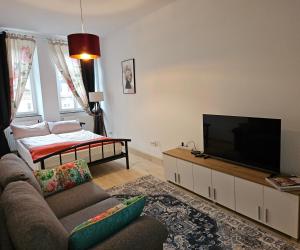 a living room with a couch and a flat screen tv at Art House Olymp in Bamberg