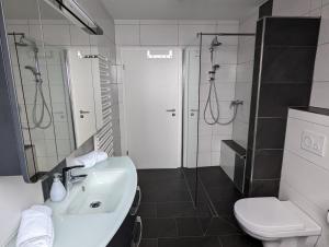 une salle de bain avec un lavabo, une douche et des toilettes dans l'établissement Moderne Landhaus-Ferienwohnung mit Balkon, à Kempen 4 autres photos