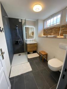 een badkamer met douche, toilet en wastafel bij residence fleurie rdc in Saint-Malo +50 foto's