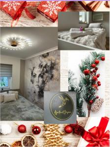 a collage of pictures of a room with christmas decorations at Apartament Origami - IDEALNY- ocena gości in Kudowa-Zdrój