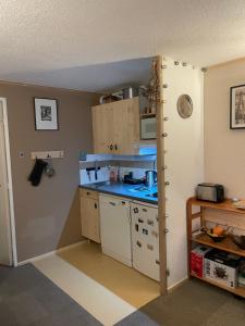 a small kitchen with white cabinets and a sink at Studio chaleureux 25m2 100m du centre 3-4 personnes in Vars
