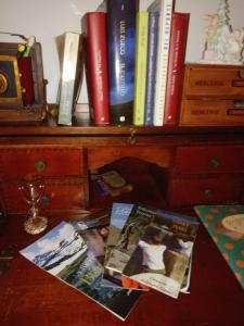 un bureau avec des livres et des magazines sur une étagère dans l'établissement Casa rural viñas perdidas, à Béjar