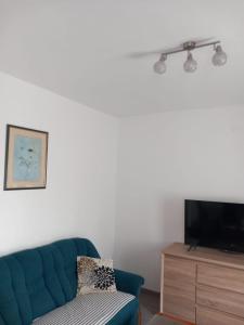 a living room with a blue couch and a tv at Apartmani Dropulić in Opuzen +11 photos