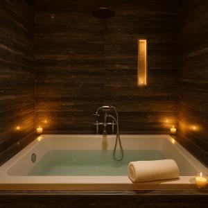 a bathroom with a bath tub with lights on the wall at Hotel Mood Premium By Glitz Hotels in Vasai