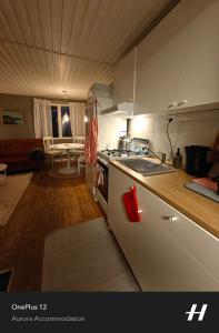 een keuken met een fornuis bovenste oven naast een woonkamer bij Aurora Lakeside Cabin Altajärvi in Kiruna