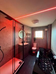 a bathroom with a shower and a toilet and a sink at Boutique Spa apartment with Balcony & River Views in Norwich +29 photos