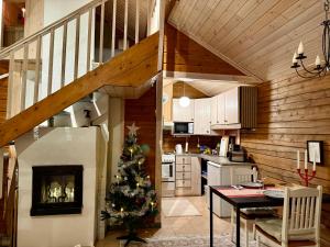 ein Wohnzimmer mit einem Weihnachtsbaum in einer Küche in der Unterkunft Aurora Lodge in Rovaniemi