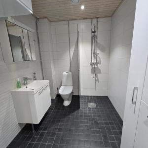 Un baño con inodoro, lavabo y ducha. en Apartment in the center of Rovaniemi, en Rovaniemi 10 fotos más