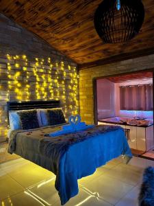 ein Schlafzimmer mit einem Bett mit Lichtern an der Wand in der Unterkunft Quiosque Família Chalé Beija-Flor in Joanópolis