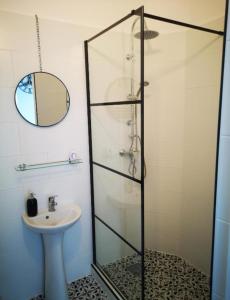 une salle de bain avec douche et lavabo dans l'établissement Weisz Room - City Center - Free Private Parking, à Carei