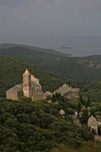 a building on top of a hill with trees at Maison de charme avec Terrasse vue sur mer in Rogliano