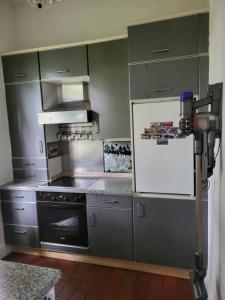 eine Küche mit Herd und Kühlschrank in der Unterkunft Ferienwohnung Lindenhof in Mittelhof