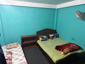 a bedroom with a blue wall and a twin bed at The Kapil Homestay in Manamaiju