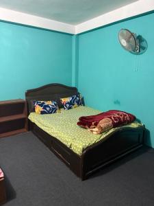 a bed in a room with a blue wall at The Kapil Homestay in Manamaiju +5 photos