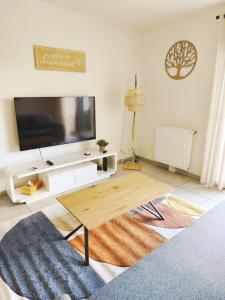 een woonkamer met een tv en een salontafel bij T2 avec terrasse & garage privé, Proche Jaude in Chamalières