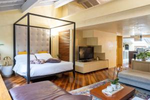 维罗纳SWEETHOME DOMUS 250mq nel centro di Verona con vista sul Teatro Romano的带天蓬床和电视的卧室