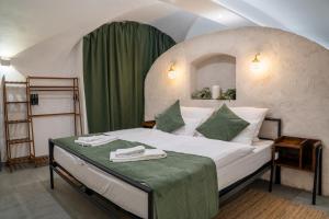 a bedroom with a large bed with a green curtain at Premium Apartment Landshut Altstadt 100" TV Gaming Tiefgarage in Landshut