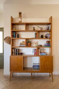 a book shelf with books and a cat on it at Galilee sea View with Heated Pool in Arbel