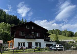 een huis met een auto ervoor geparkeerd bij Haus Bortis in Niederwald