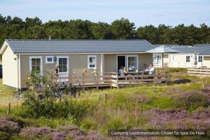 a group of people standing outside of a mobile home at Camping Loodsmansduin in Den Hoorn