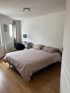 Un dormitorio con una cama grande en una habitación blanca. en Le Cocon Chalonnais, en Châlons-en-Champagne