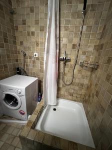 a shower with a toilet and a washing machine in a bathroom at Gemütliches Chalet mit Kamin&Seeblick in Oberterzen Flumserberg in Oberterzen
