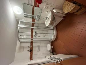 a bathroom with a sink and a toilet in it at Restaurant, Pizzeria " La Taverna " "Hotel Iris" in Meersburg