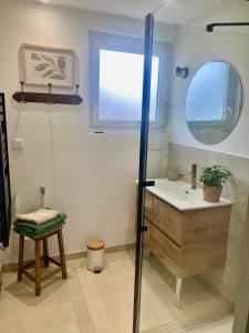 a bathroom with a sink and a glass shower at NUIT ET JOUR à Chaumont in Chaumont