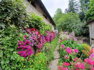 a garden with flowers on the side of a building at U TKOCZA Agroturystyka in Wisła +8 photos