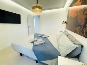 a bedroom with a bed and a couch and a tv at Bungalow Diana in Maspalomas