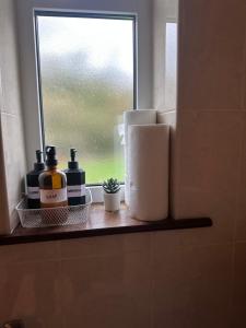 a window with toiletries on a shelf in a bathroom at The Killarney Hideaway in Killarney
