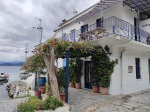 um prédio branco com plantas ao lado da água em Sea Side Studio with Balcony and Sea View em Ayía Kiriakí