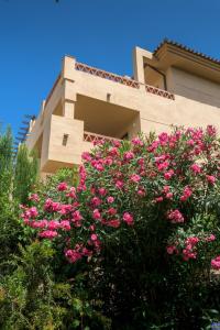 un arbusto de flores rosas frente a un edificio en Apartamento del Golf Dona Julia y Cortesin, en San Luis de Sabinillas