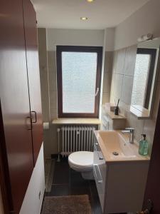 a bathroom with a toilet and a sink and a window at M-Suites Petit - Near Frankfurt Airport in Hattersheim