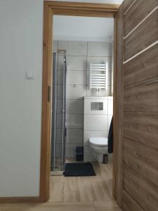 a bathroom with a toilet and a glass shower at Dom Weselny Izabela Noclegi in Osiek