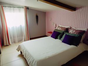 a bedroom with a large bed with purple and green pillows at La case d'Isabelle in Saint-Denis +20 photos