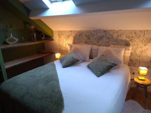 ein Schlafzimmer mit einem weißen Bett und zwei Kissen in der Unterkunft Thermo'Spa - Gîte Spa Privatif in Calais