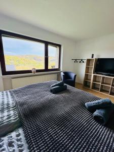 een slaapkamer met een groot bed met een groot raam bij Villa Eifelblick Loft-Apartment in Heimbach
