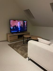 a living room with a flat screen tv and a couch at De Kempische Hoef in Westerlo