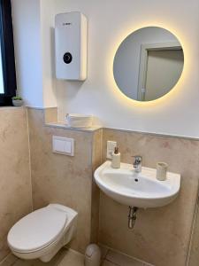 a bathroom with a toilet and a sink and a mirror at Grüne Oase in Stadtnähe in Unna