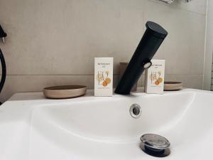 een witte gootsteen met twee kaarten en een zwarte cilinder erop bij Au Bord du Logelbach in Colmar